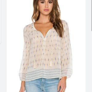 Revolve X Joie Auberon Ivory Print Silk Peasant Blouse Tassel Tie Size Small